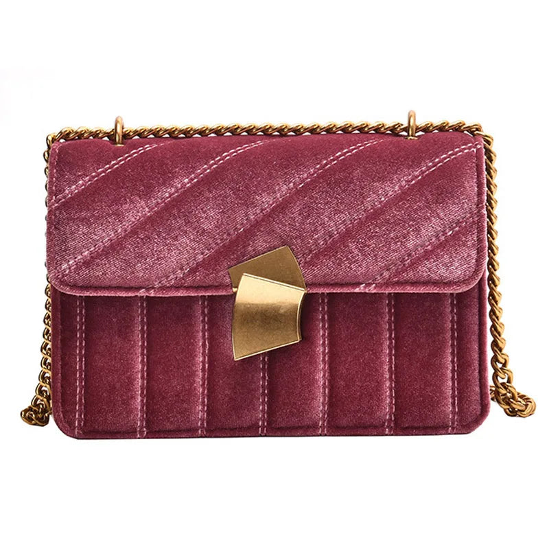 Pink Velvet Small Messenger Bag Metal Chain Shoulder Handbag