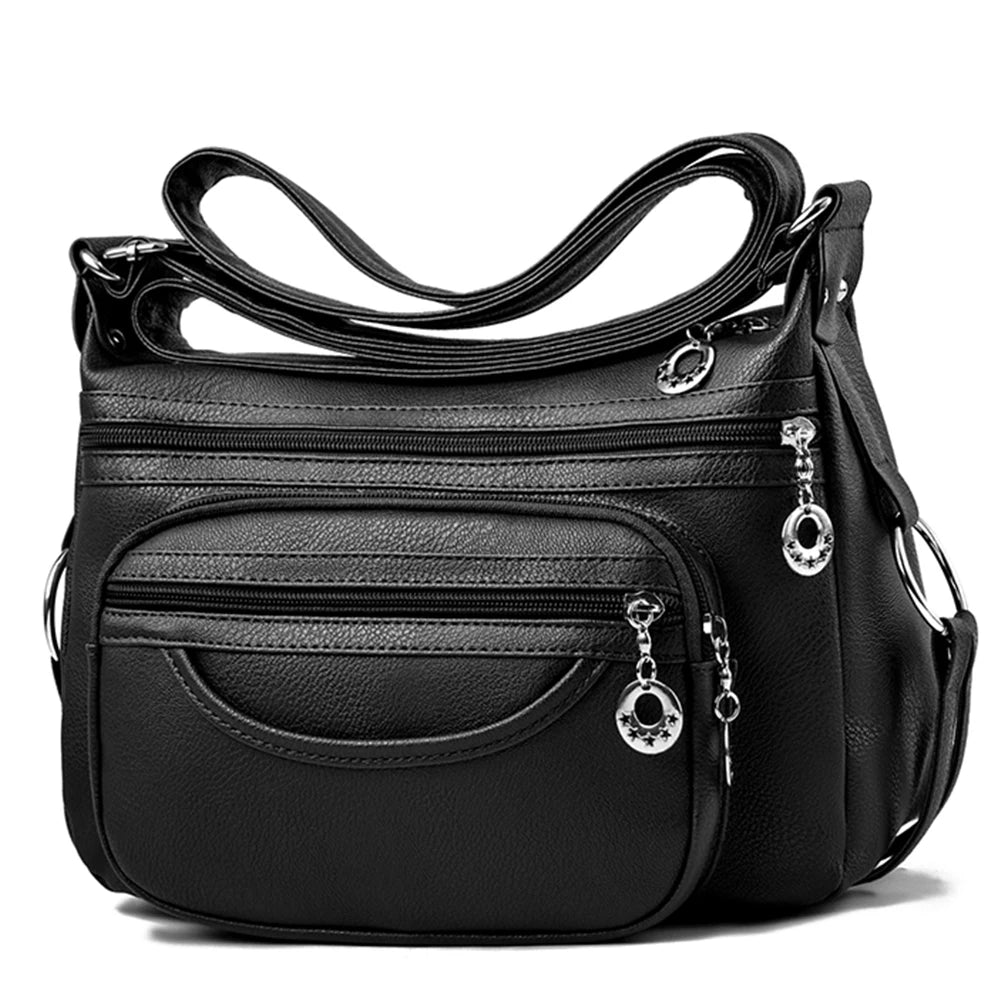 Soft Leather Crossbody Sling Bag Multi-Layer Pocket