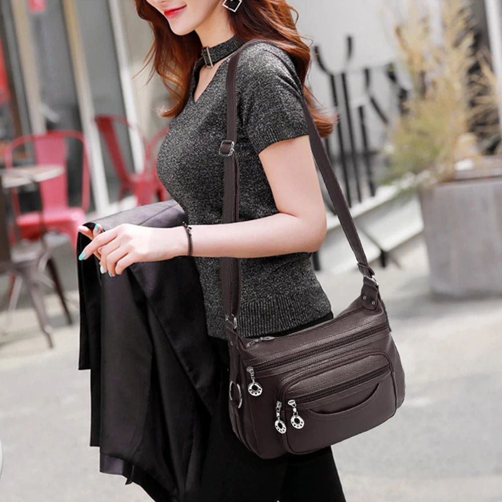 Soft Leather Crossbody Sling Bag Multi-Layer Pocket