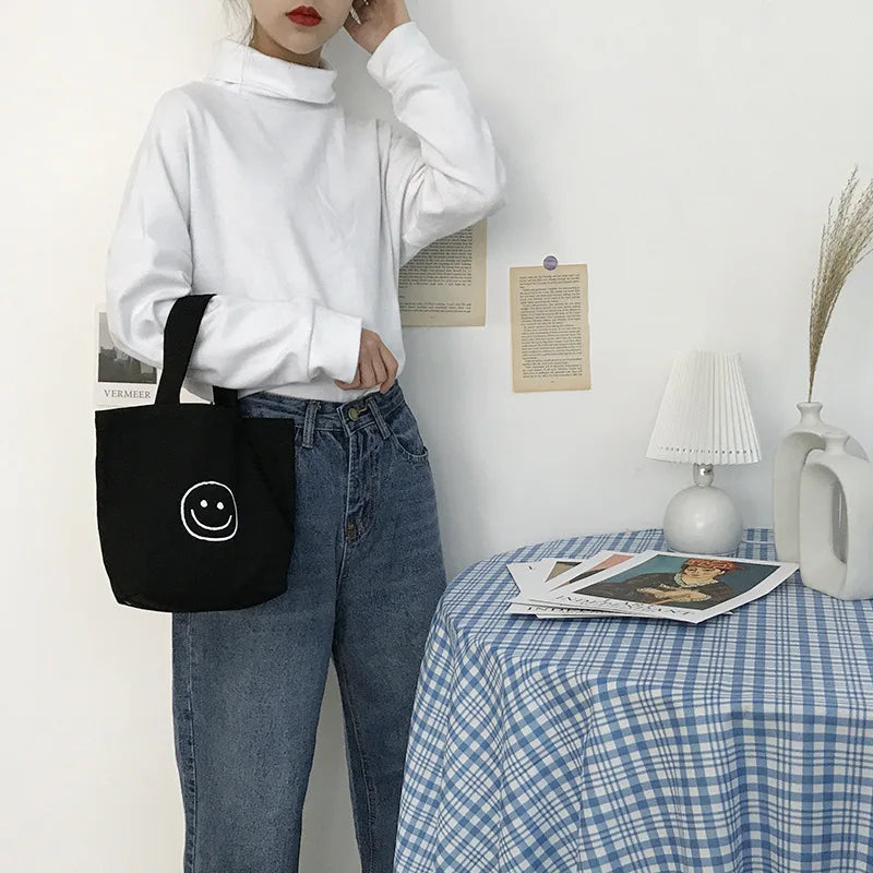 Smile Women Canvas Handbags Student Girls Lunch Bag Clutch Purse Small Tote