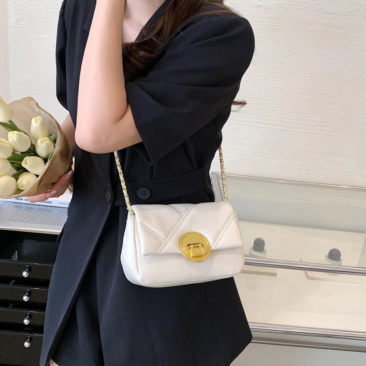Small Size PU Leather Crossbody Bag Chain Shoulder Handbag Purse