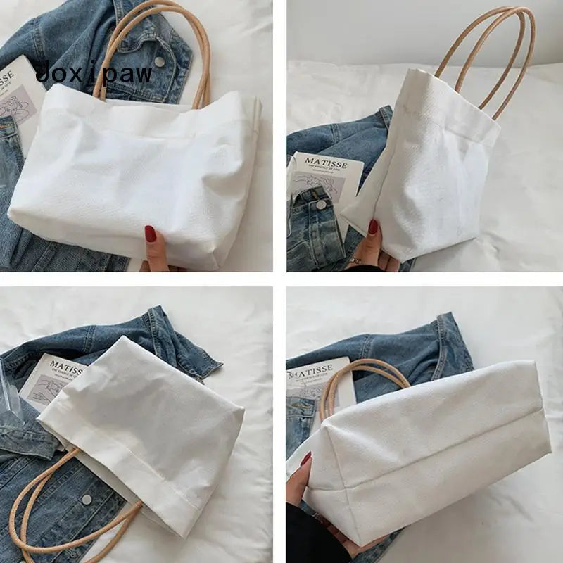 Solid Canvas Tote Bag Vintage Large Capacity Handbag Summer Female Shoulder Bags