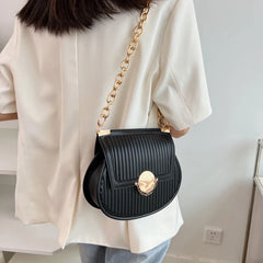 Trendy Women's Stripe PU Leather Handbag with Solid Chain Saddle Shoulder Bag