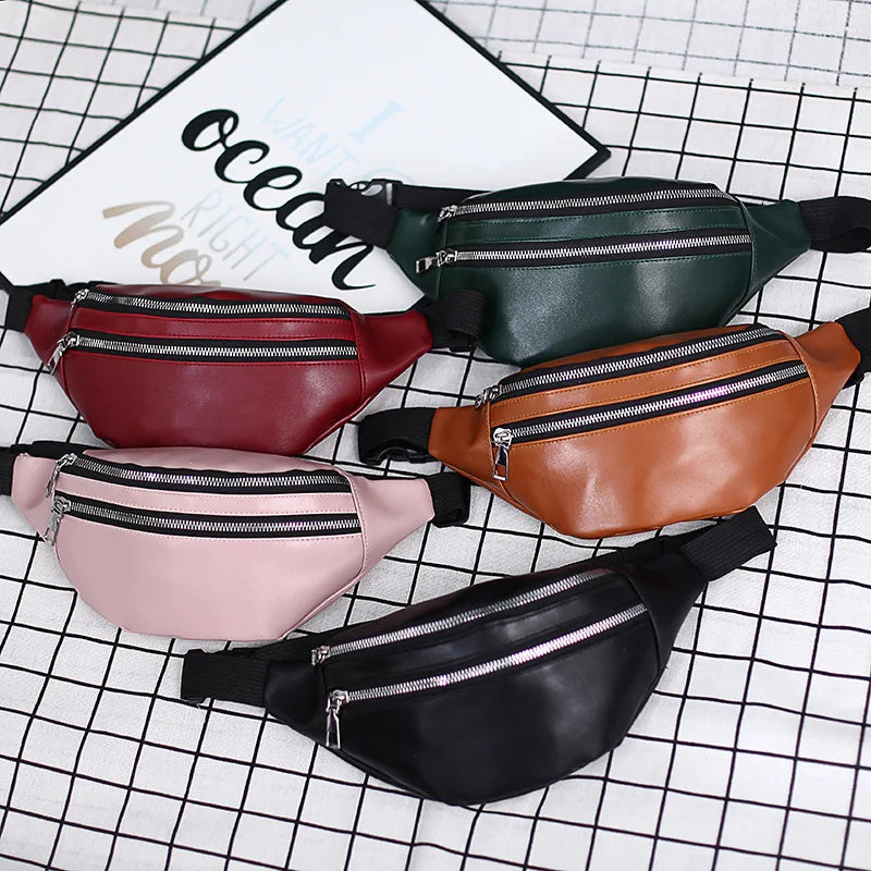 Solid Chest Bag Female Double-zipper Crossbody Bag PU Leather Fanny Pack