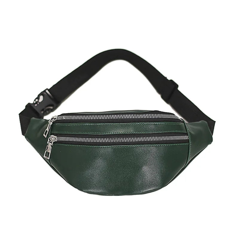 Solid Chest Bag Female Double-zipper Crossbody Bag PU Leather Fanny Pack