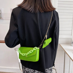 Solid Pu Ladies Chain Small Square Bag Two-In-One Plaid Student