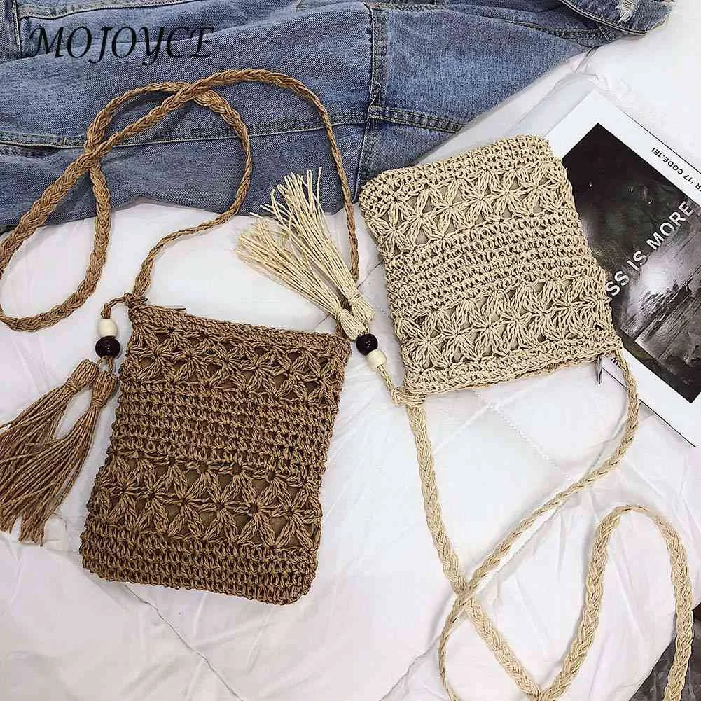 Tassel Shoulder Crossbody Handbags Woven Summer Beach Hollowed Messenger Bags