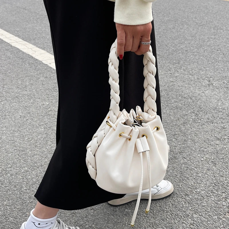Solid Drawstring Handbags for Women Leather Shoulder Bag Candy Colors Hobo