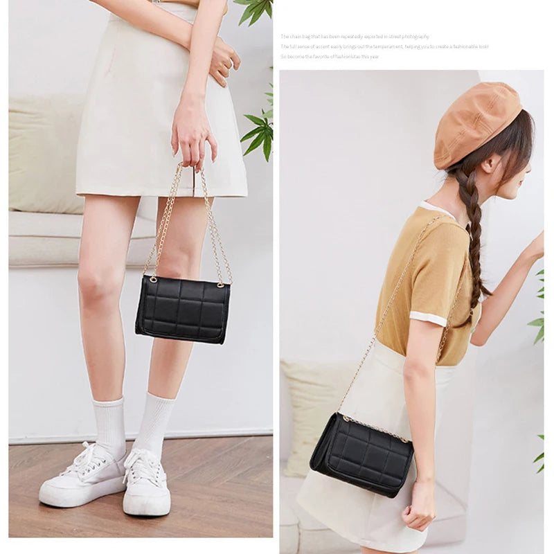 Solid Leather Mini Chain Crossbody Bag Female Phone Purse