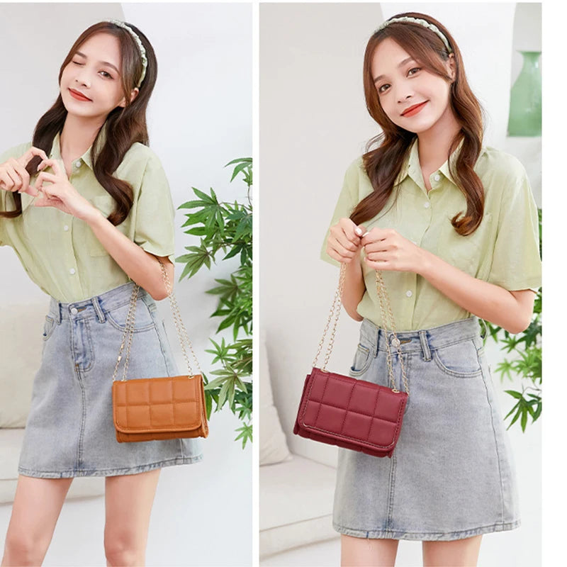 Solid Leather Mini Chain Crossbody Bag Female Phone Purse