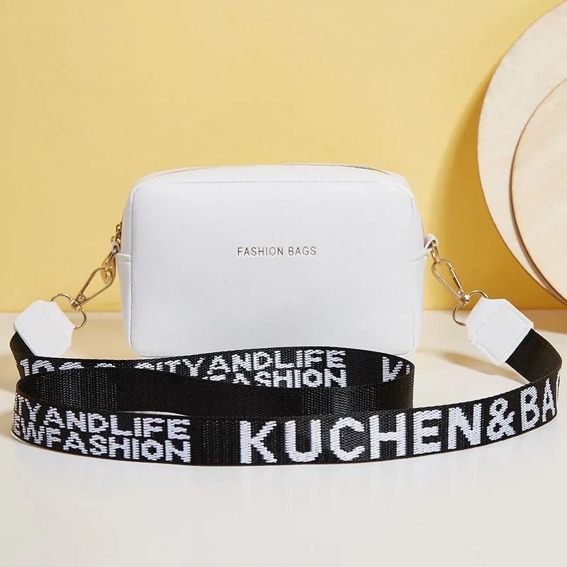 Small Shoulder Bag for Women Solid Pu Leather Wide Strap Crossbody Handbag