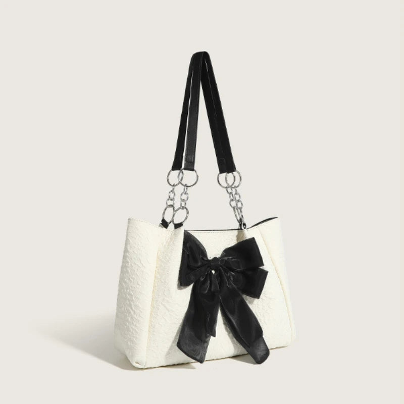 Women's Bow Shoulder Bag Solid Color Pleated Handbag
