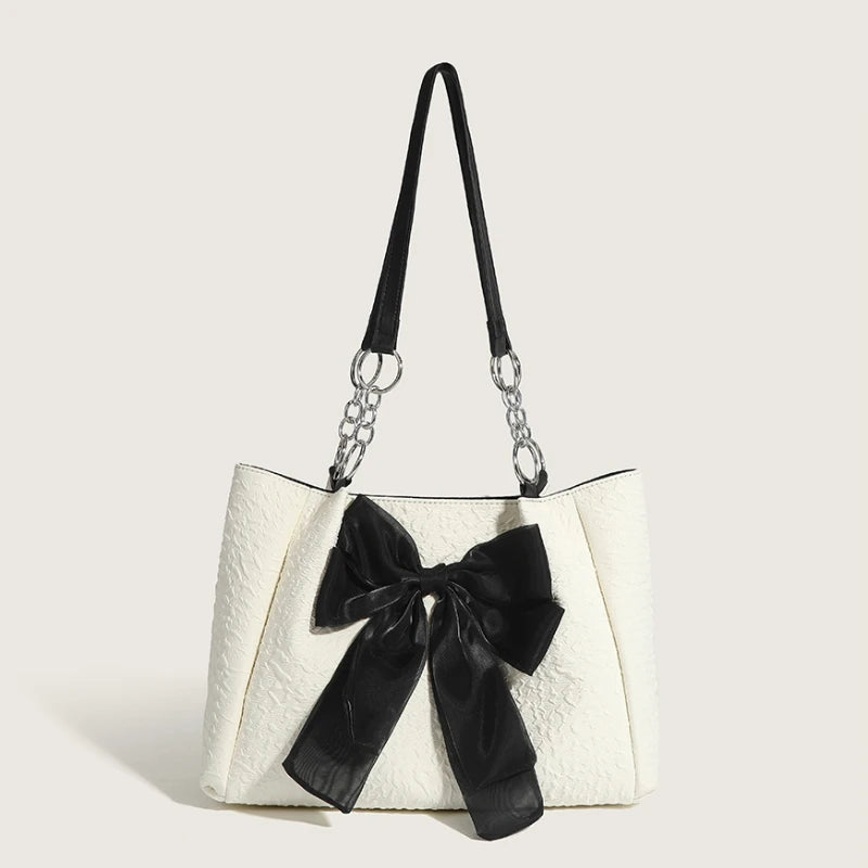 Women's Bow Shoulder Bag Solid Color Pleated Handbag