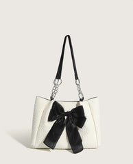 Women's Bow Shoulder Bag Solid Color Pleated Handbag