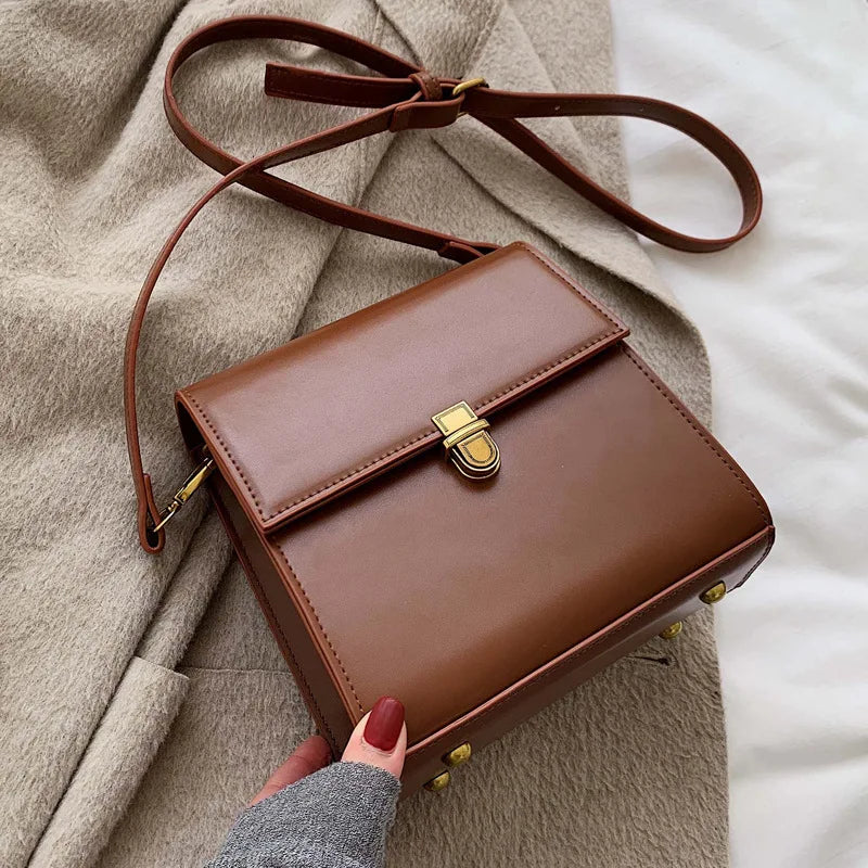 Vintage Crossbody Bag Women Spring Lock Solid Pu Leather Handbag