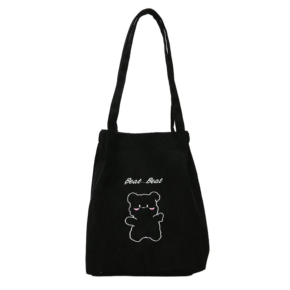 Corduroy Shoulder Shopper Bag Bear Pattern Winter Large Capacity Handbag