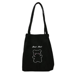 Corduroy Shoulder Shopper Bag Bear Pattern Winter Large Capacity Handbag