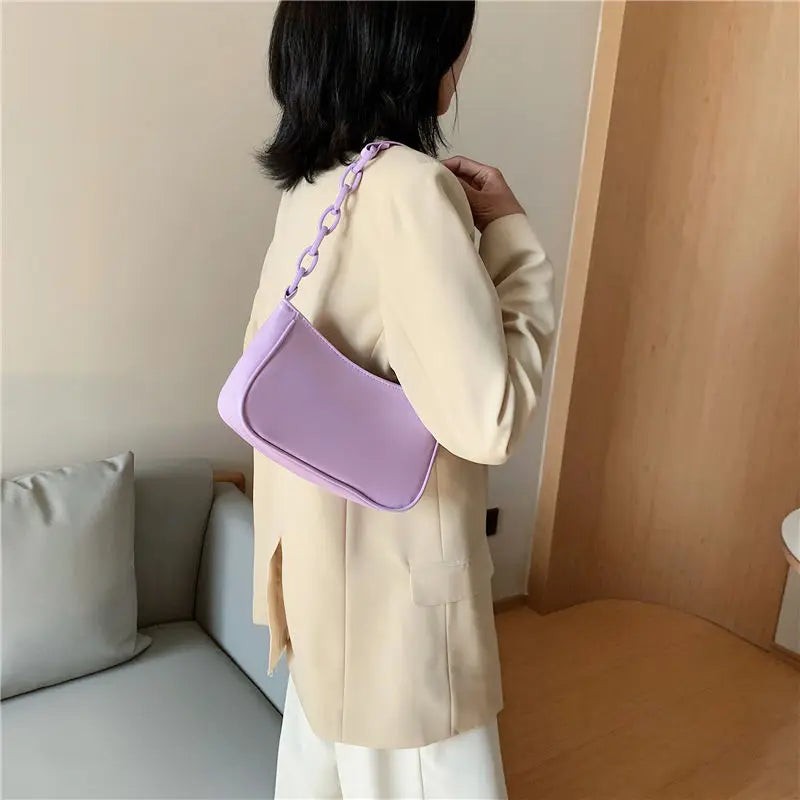 Women Shoulder Bags PU Leather Ladies Small Purse Handbags Solid Acrylic Chain