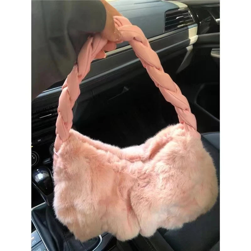 Women's Faux Fur Shoulder Bag Soft Plush Underarm Bags Braided Straps Handbags