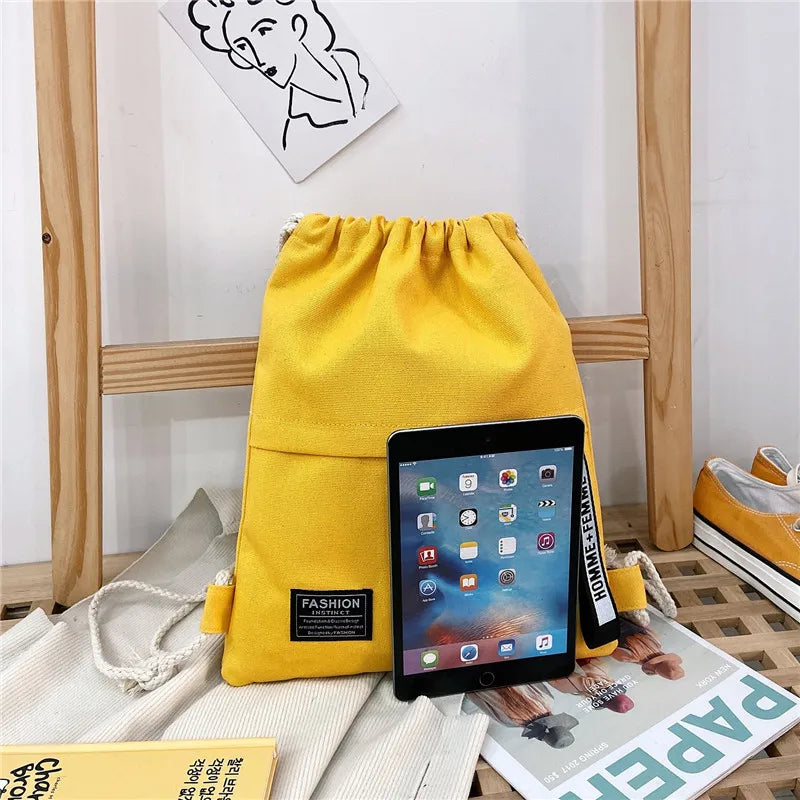 Women Canvas Backpack Drawstring Bag Teenager Girl Rucksack