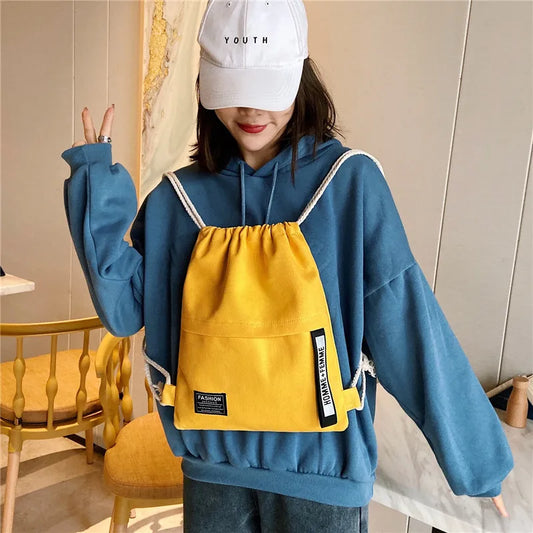 Women Canvas Backpack Drawstring Bag Teenager Girl Rucksack