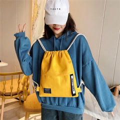 Women Canvas Backpack Drawstring Bag Teenager Girl Rucksack