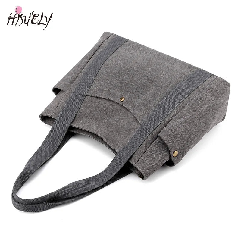 Large Capacity Canvas Tote Bag Retro Art Shoulder Bag Solid Color