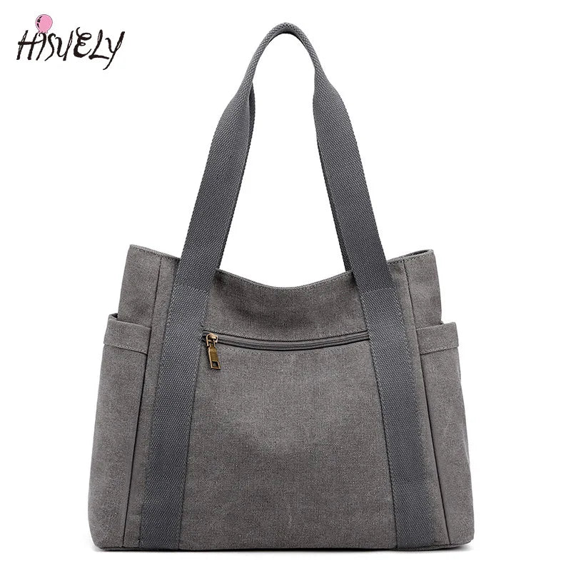 Large Capacity Canvas Tote Bag Retro Art Shoulder Bag Solid Color
