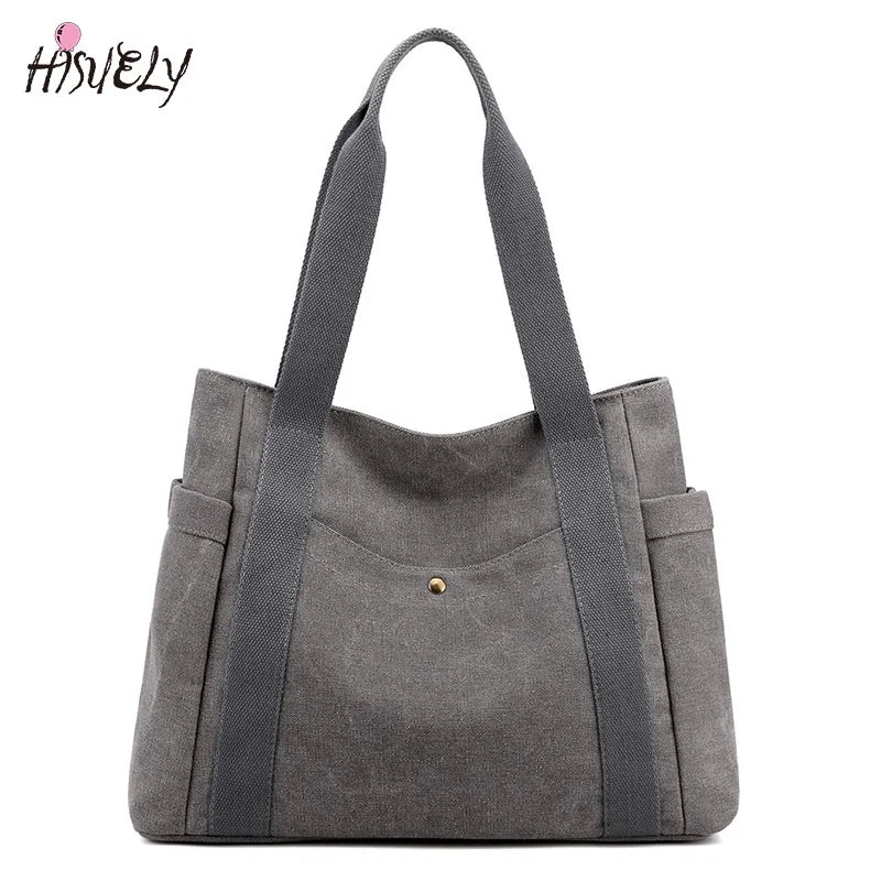Large Capacity Canvas Tote Bag Retro Art Shoulder Bag Solid Color