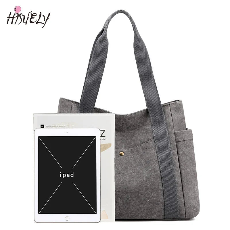 Large Capacity Canvas Tote Bag Retro Art Shoulder Bag Solid Color