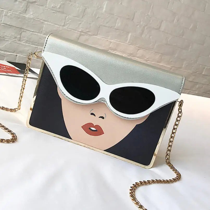 PU Contrast 3D Glasses Pattern Chain Shoulder Bag