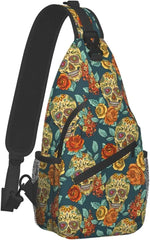 Skull And Flowers Sling Bag Crossbody Backpack Unisex Chest Bags