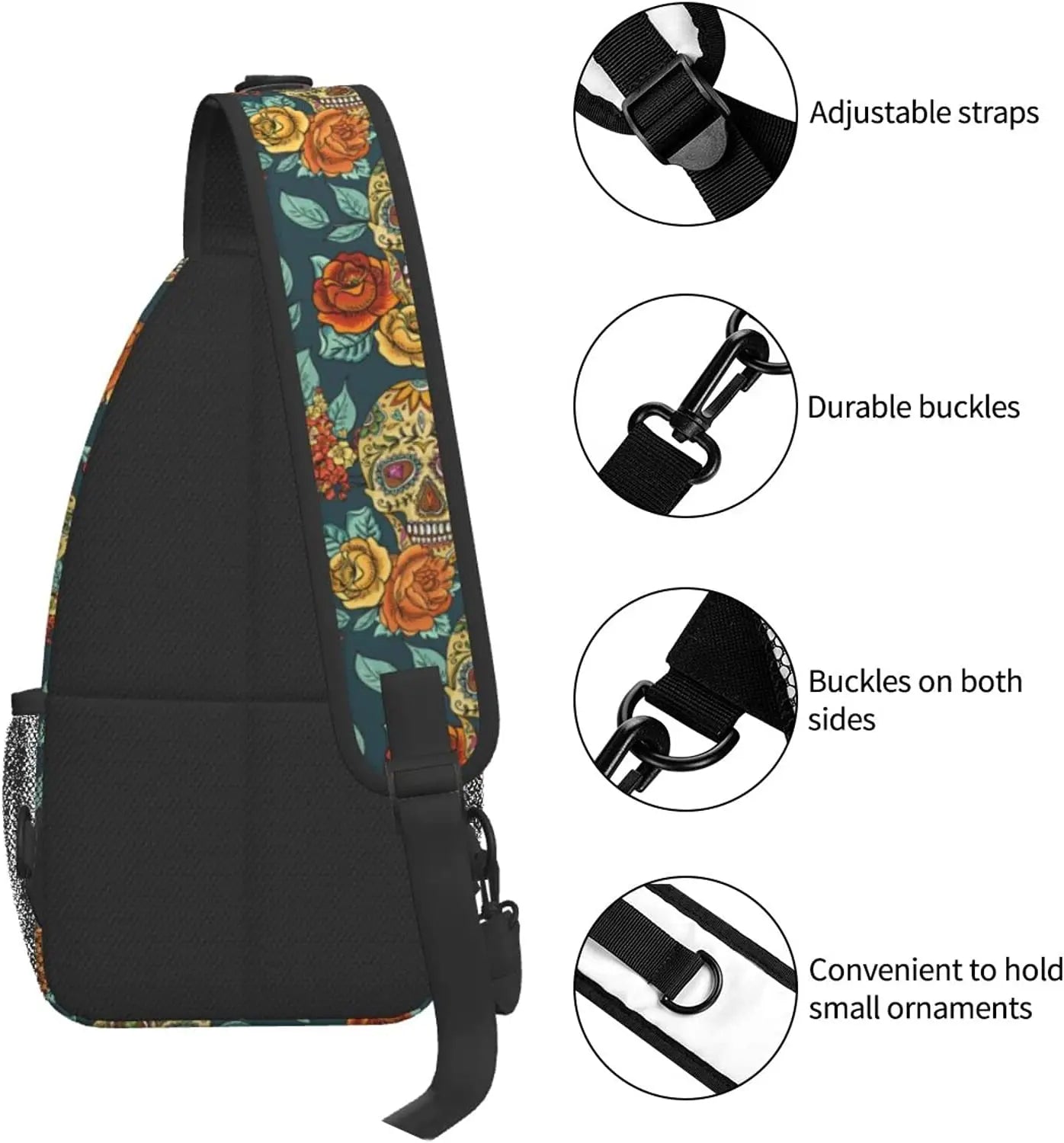 Skull And Flowers Sling Bag Crossbody Backpack Unisex Chest Bags