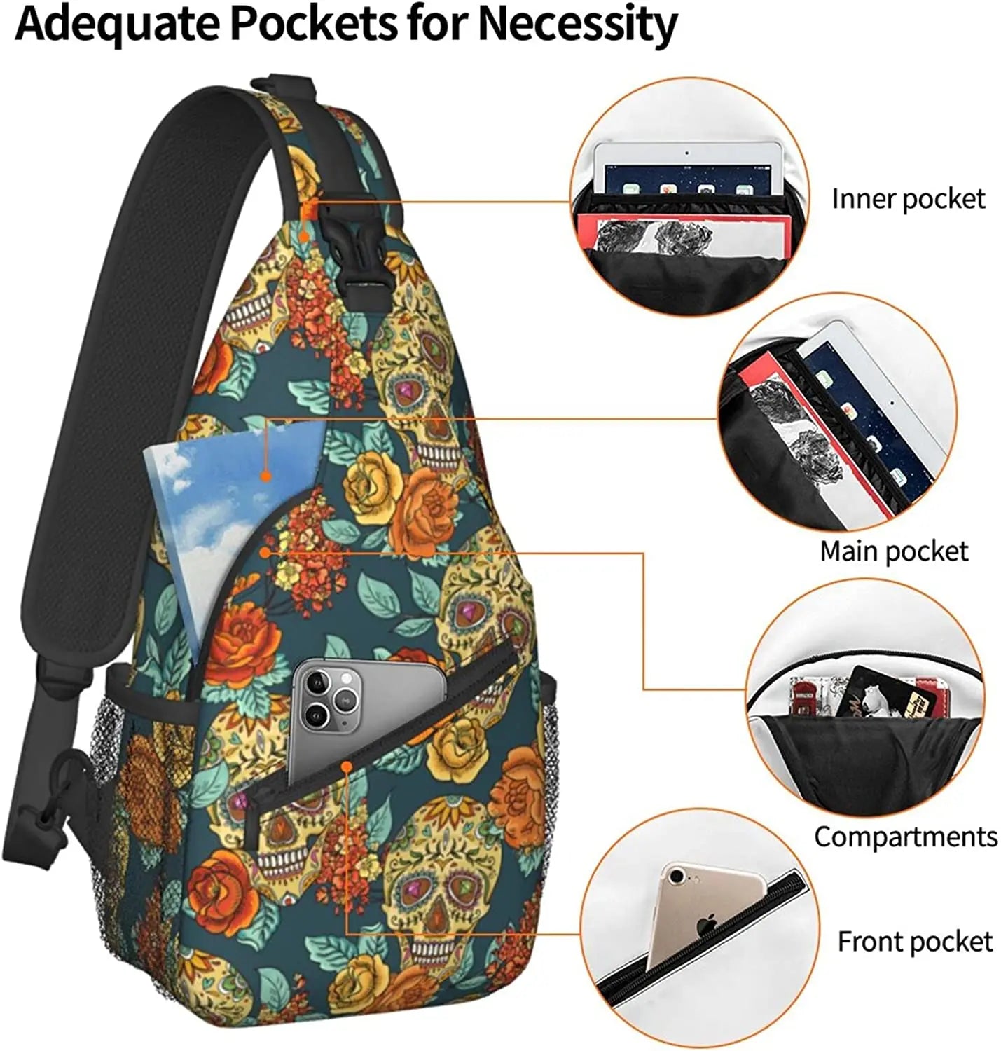 Skull And Flowers Sling Bag Crossbody Backpack Unisex Chest Bags