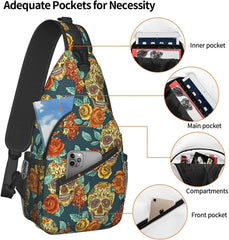 Skull And Flowers Sling Bag Crossbody Backpack Unisex Chest Bags