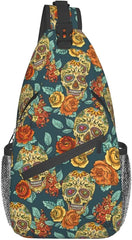Skull And Flowers Sling Bag Crossbody Backpack Unisex Chest Bags