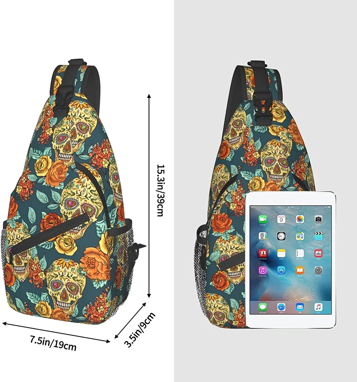 Skull And Flowers Sling Bag Crossbody Backpack Unisex Chest Bags