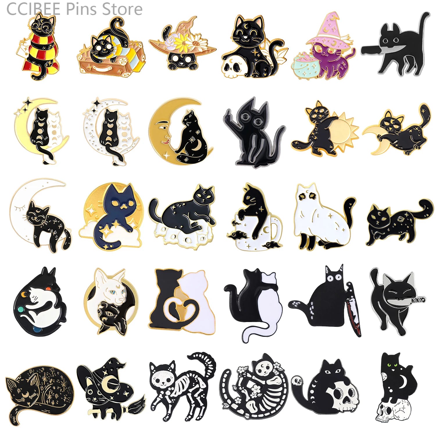 Skull Cat Pin Halloween Wizard Hat Brooch Enamel Lapel Pins