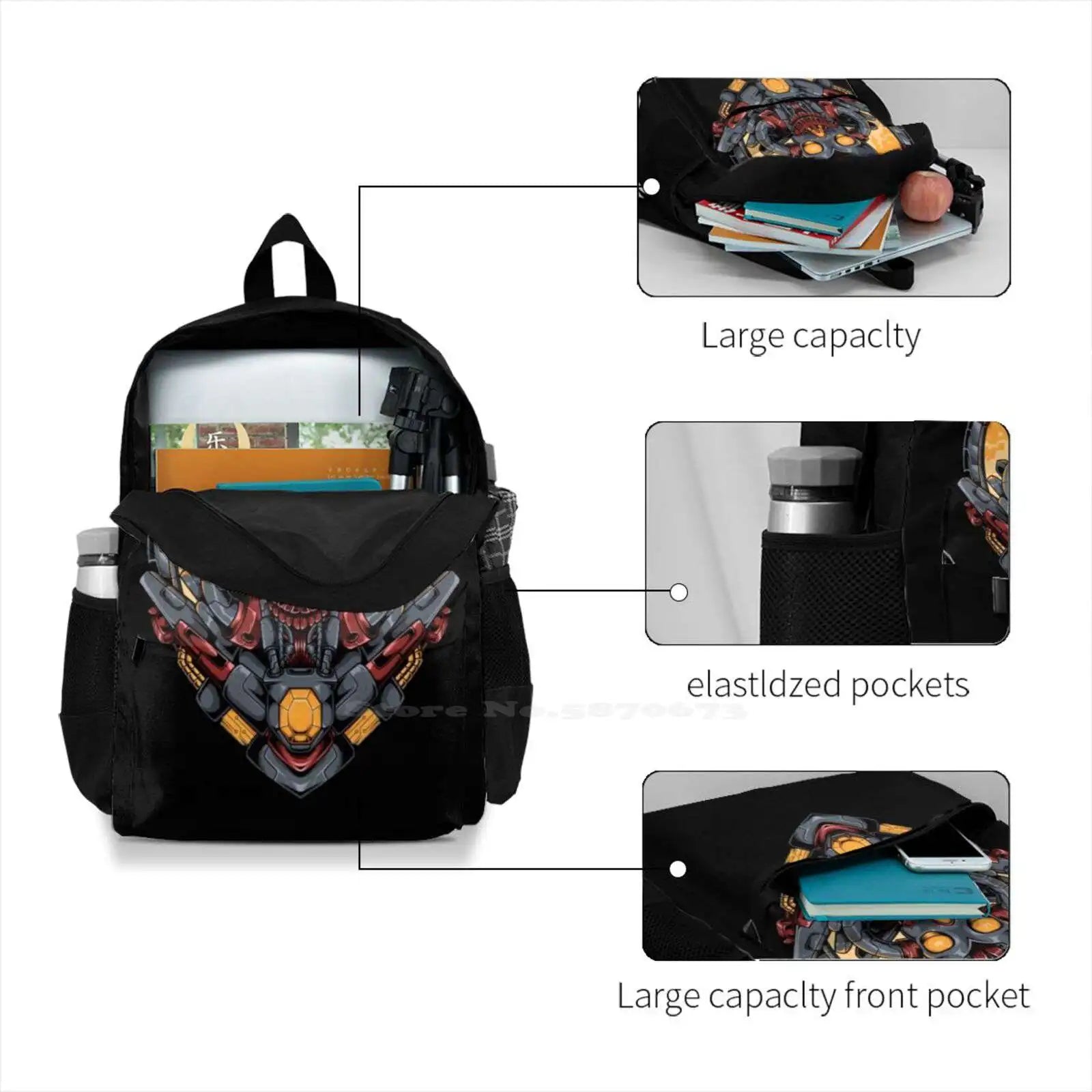 Skull Head Robotic 3D Print Backpack Casual Bag