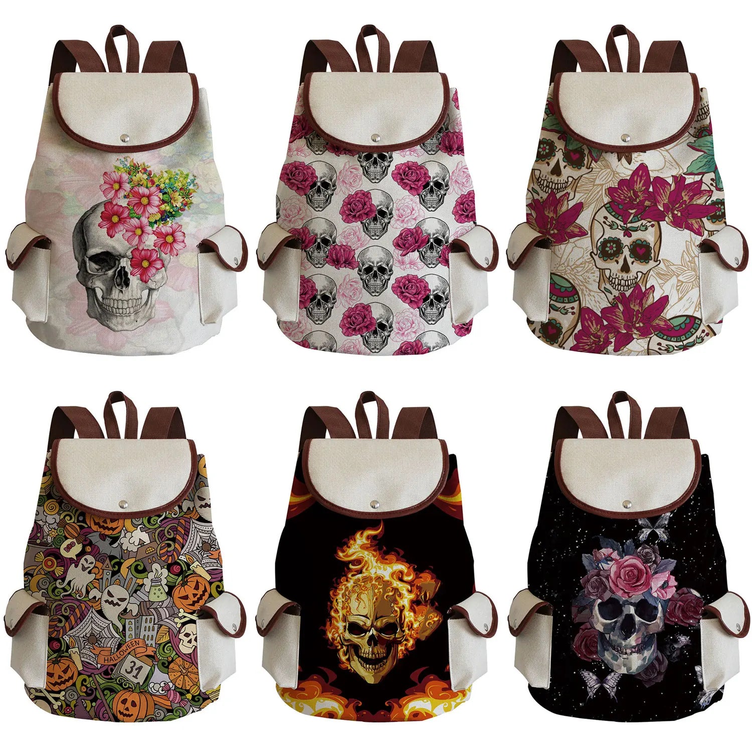 Skull Red Floral Printed Handbag Halloween Backpack