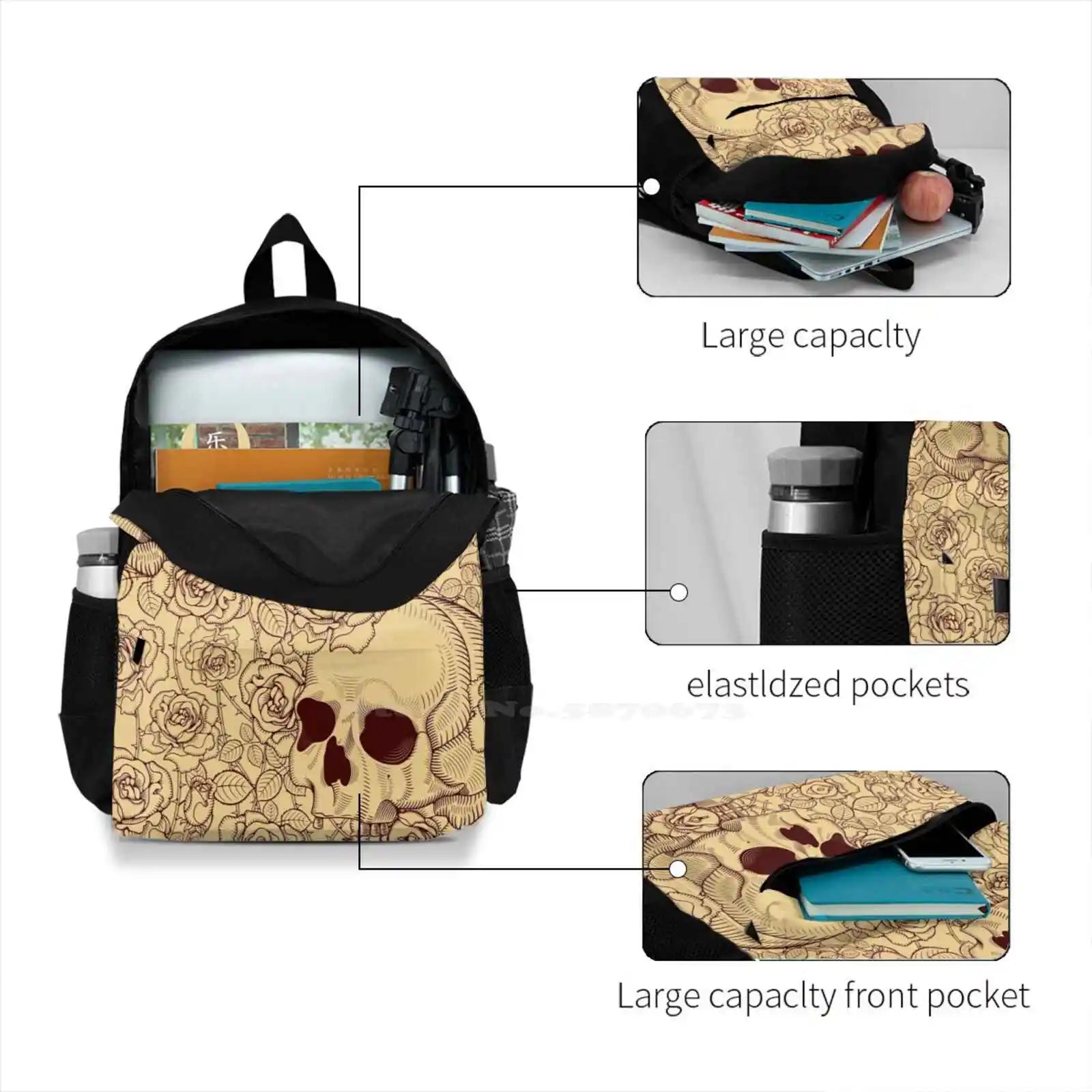 Skulls And Roses Travel Laptop School Backpack Bag Skeleton