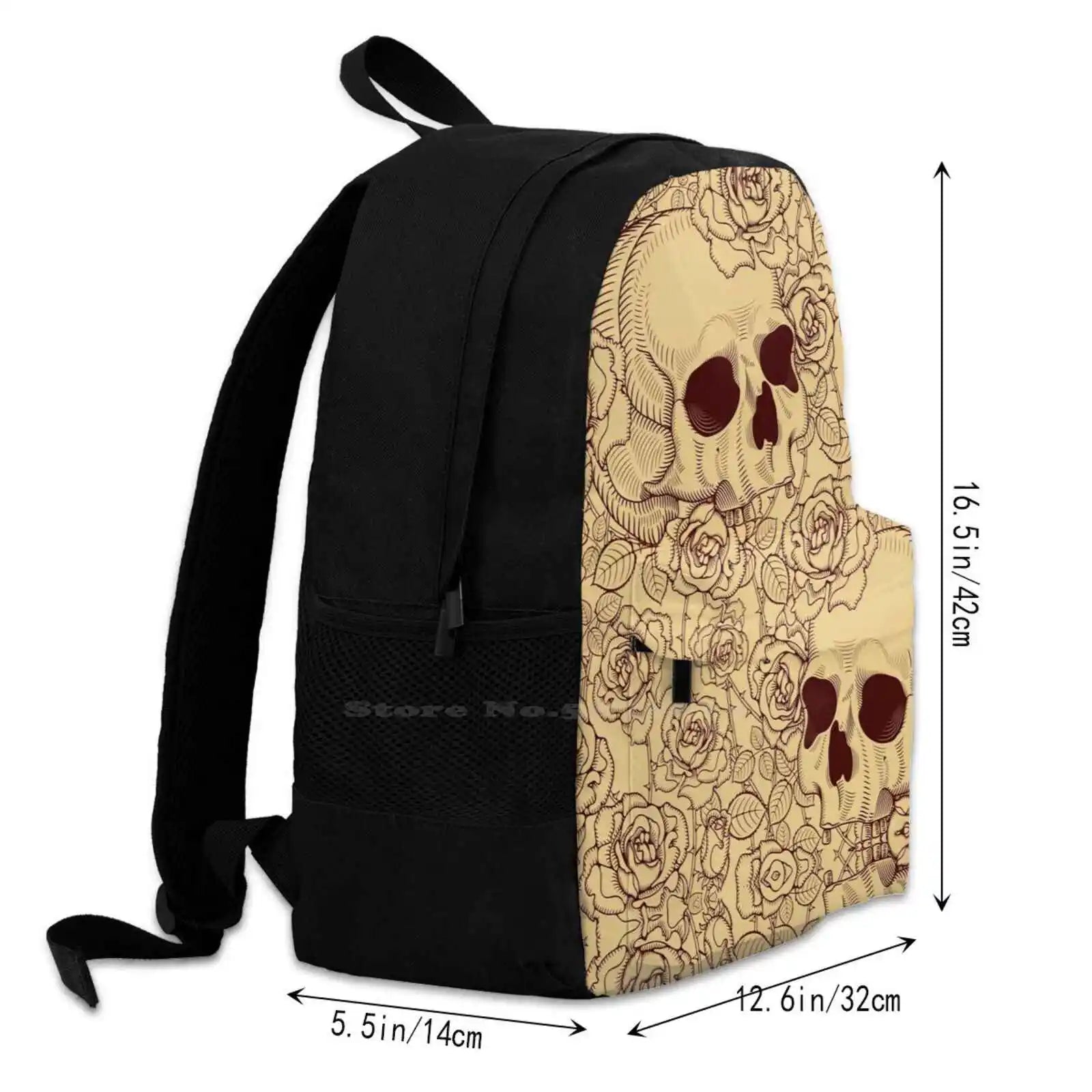 Skulls And Roses Travel Laptop School Backpack Bag Skeleton