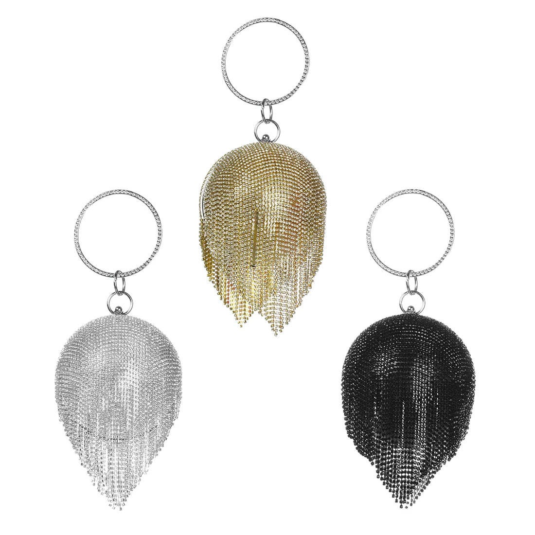 Sliver Diamonds Rhinestone Evening Bag Round Ball Clutch Mini Tassels Handbag