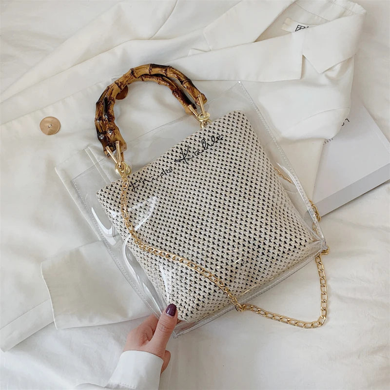 Slub Handle Clear Bag Women Summer Travel Handbag