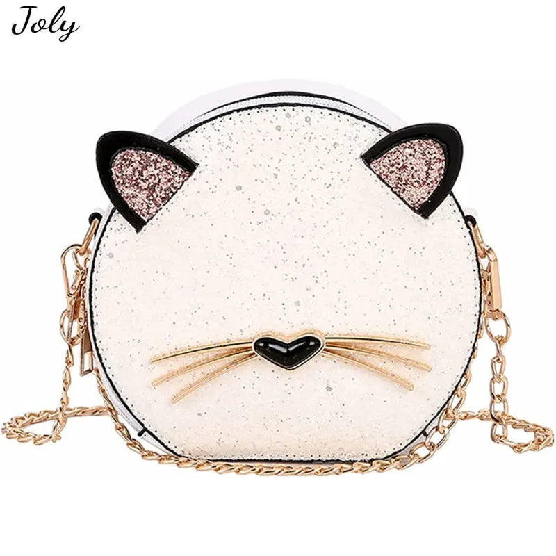 Cat Glitter Circular Shoulder Bag, White Girls Shoulder Bag