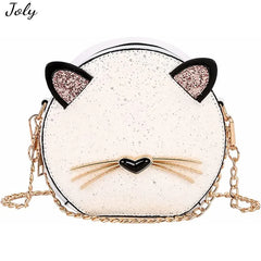 Cat Glitter Circular Shoulder Bag, White Girls Shoulder Bag