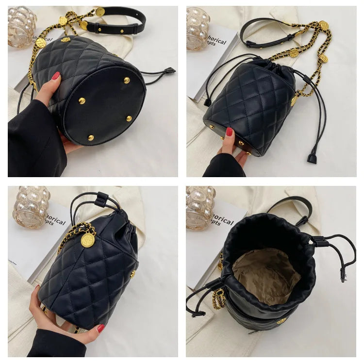 Diamond Lattice Bucket Purses Drawstring Barrel Women Hand