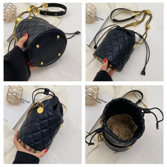 Diamond Lattice Bucket Purses Drawstring Barrel Women Hand