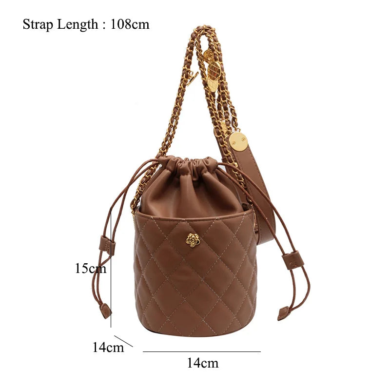 Diamond Lattice Bucket Purses Drawstring Barrel Women Hand