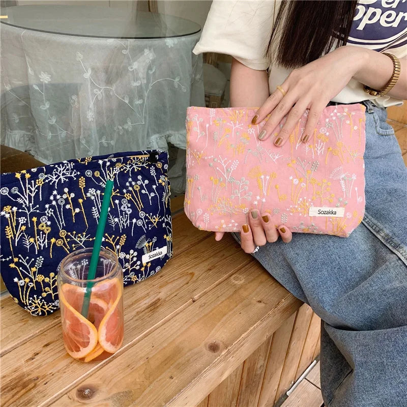 Embroidery Flower Cosmetic Bag Portable Pencil Case Storage Bags